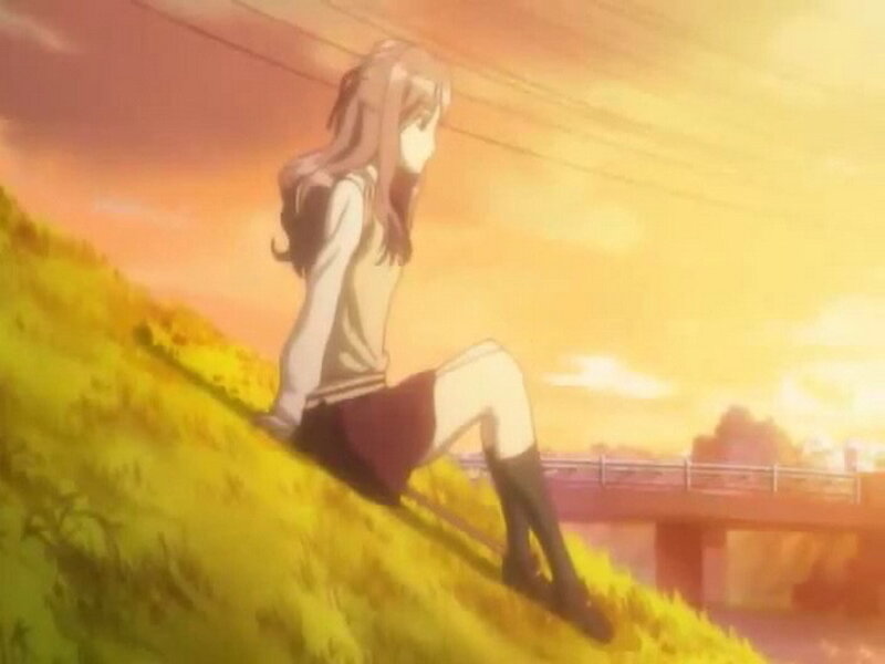 anime girl on a hill at sunset