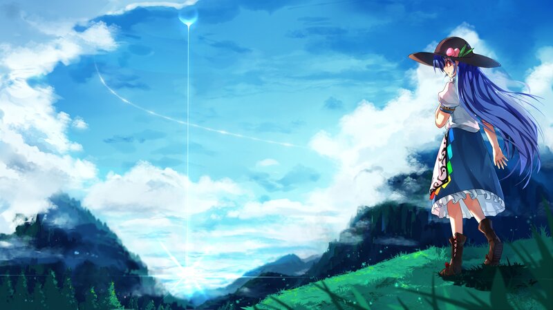Anime girl on a hill at sunset