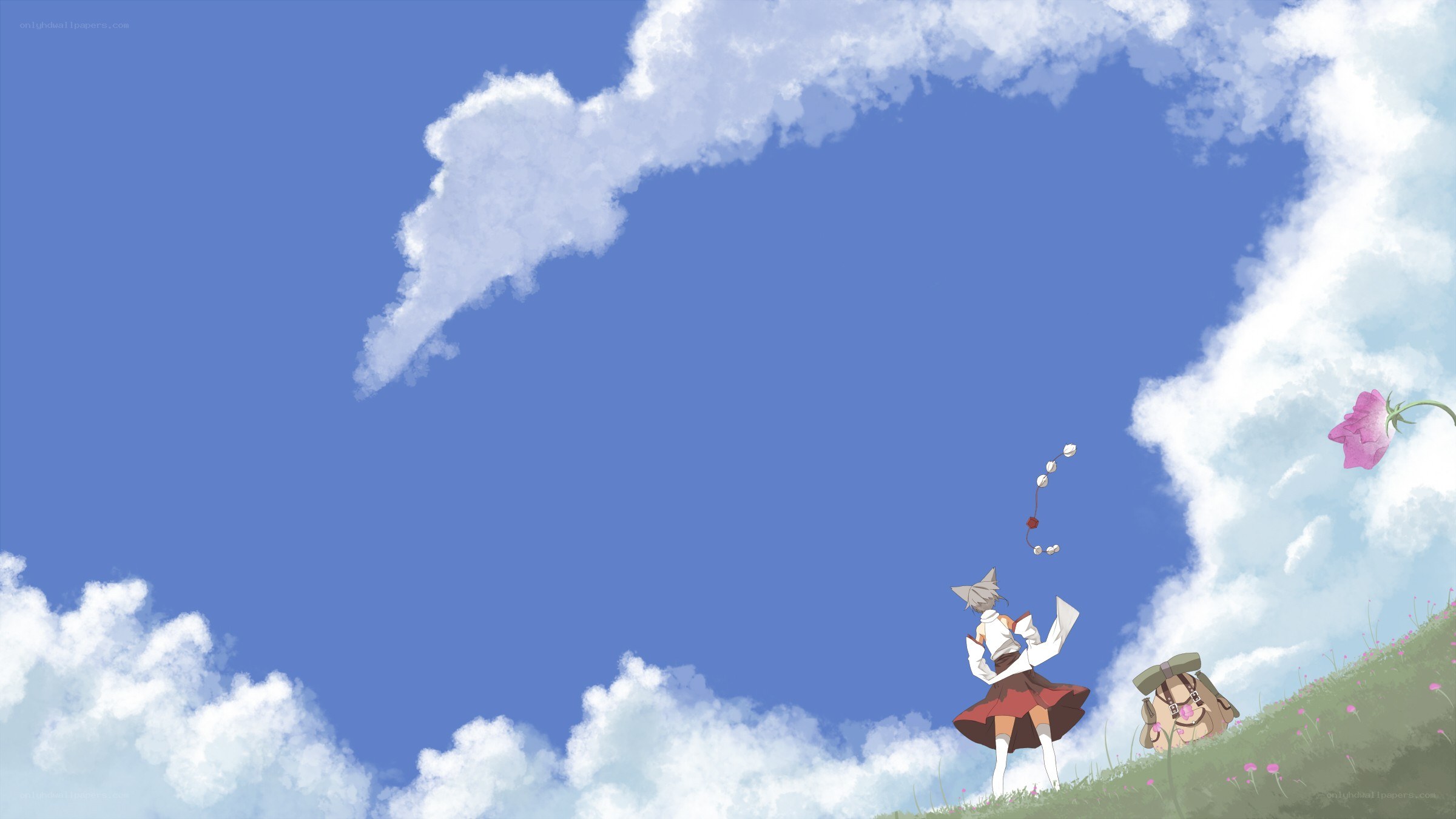 Anime girl on a hill with clouds