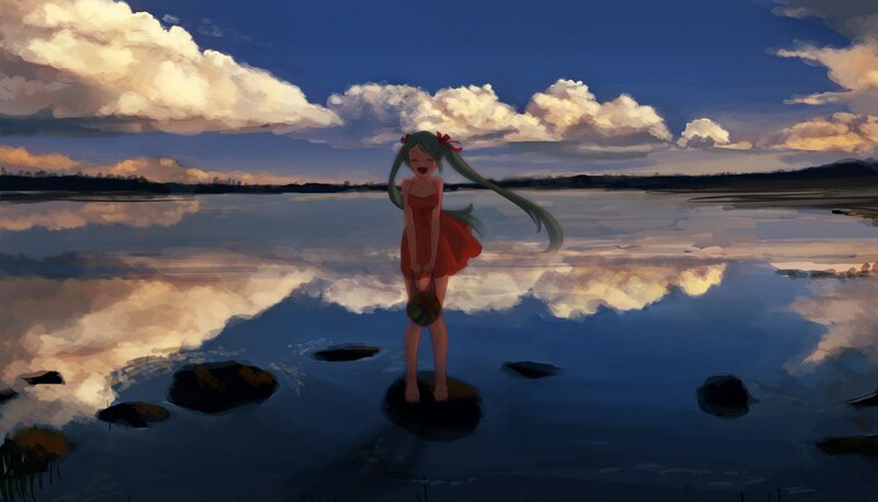 Anime girl on a lake at sunset
