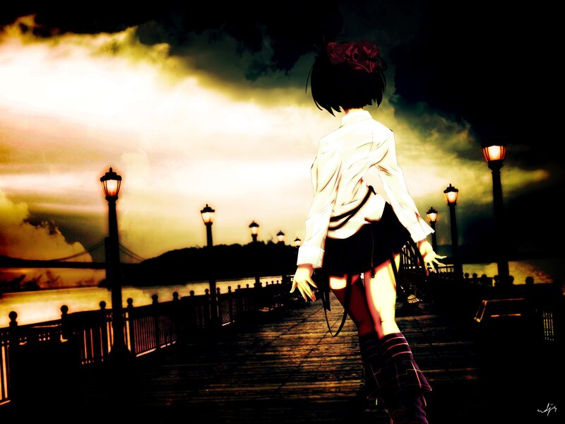 anime girl on a pier at dusk