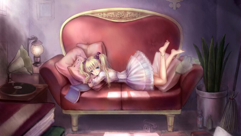 Anime girl on a red couch
