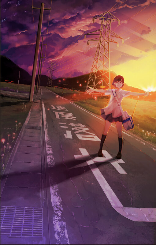 Anime girl on a road at sunset
