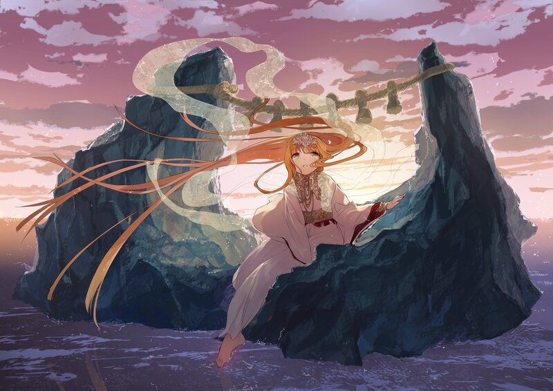 Anime girl on a rock at sunset