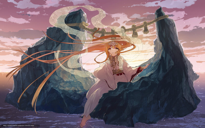 Anime girl on a rock at sunset
