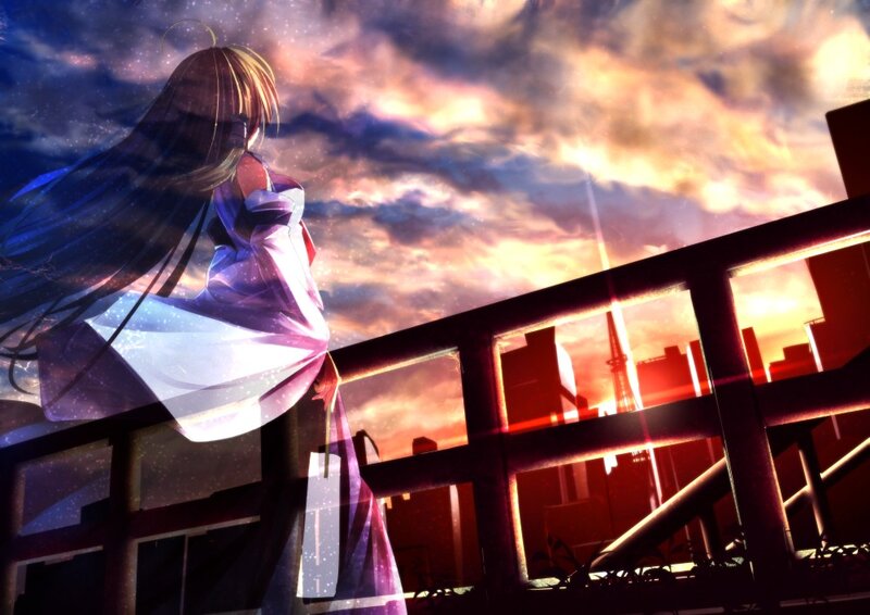 anime girl on a rooftop at sunset