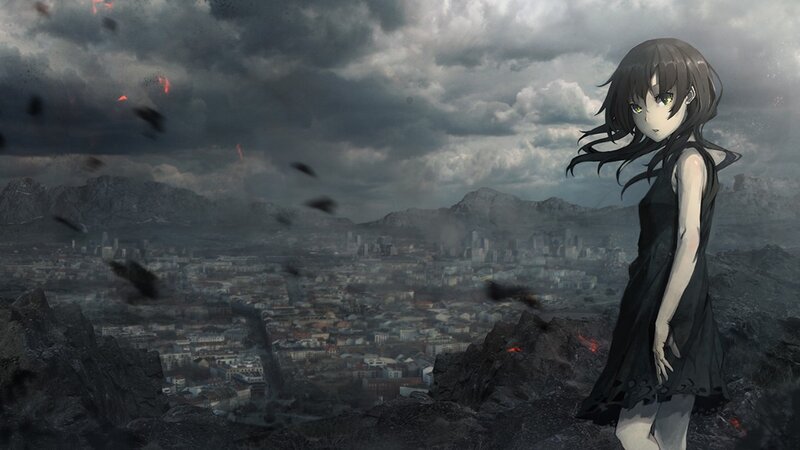 anime girl on a ruined cliff
