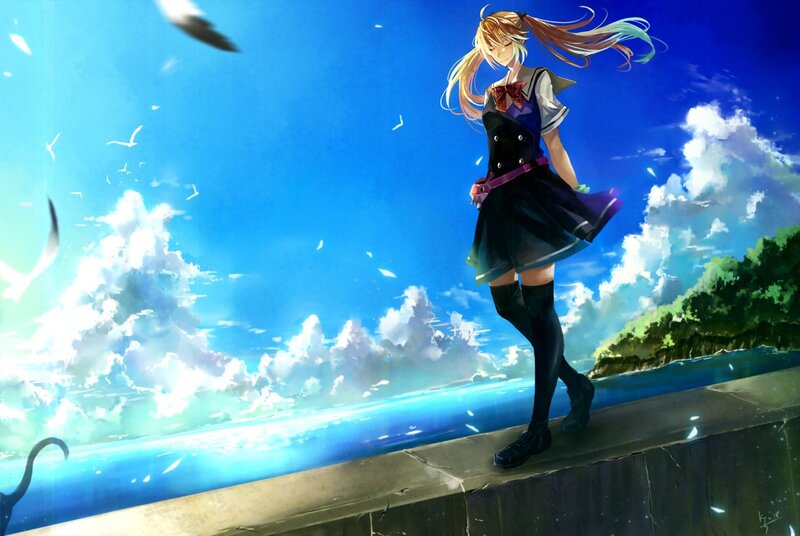 Anime girl on a seaside wall