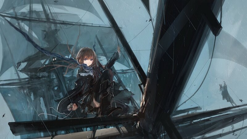 anime girl on a ship in storm