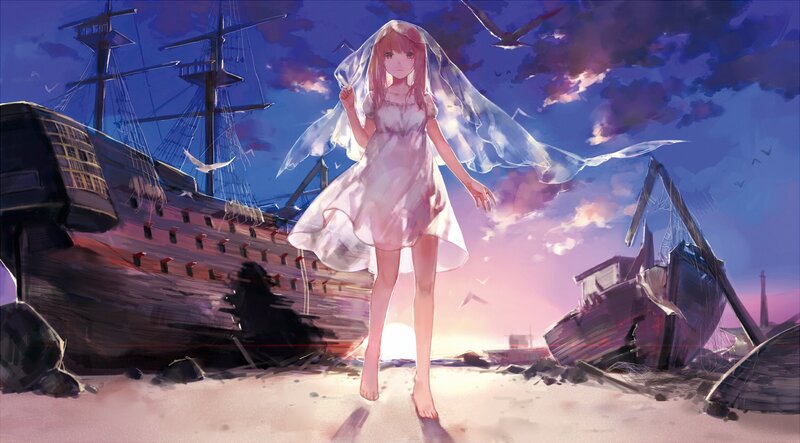 Anime girl on a shipwrecked beach