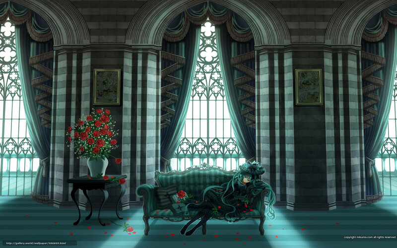 Anime girl on a sofa in a castle