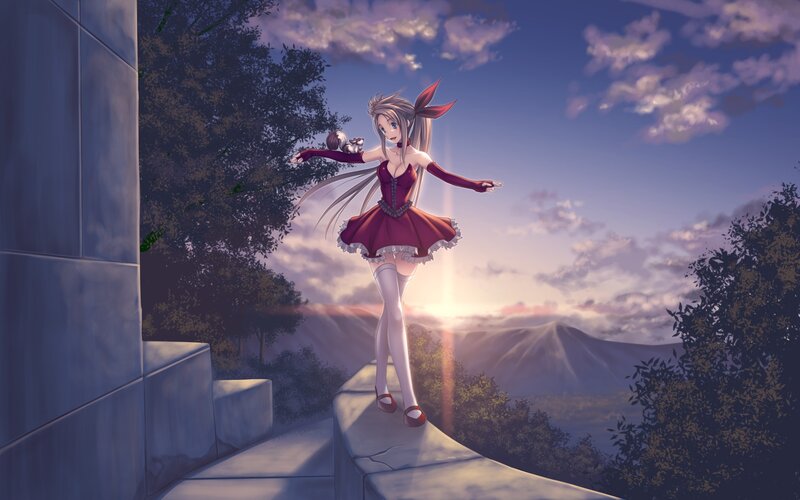 anime girl on a stone balcony