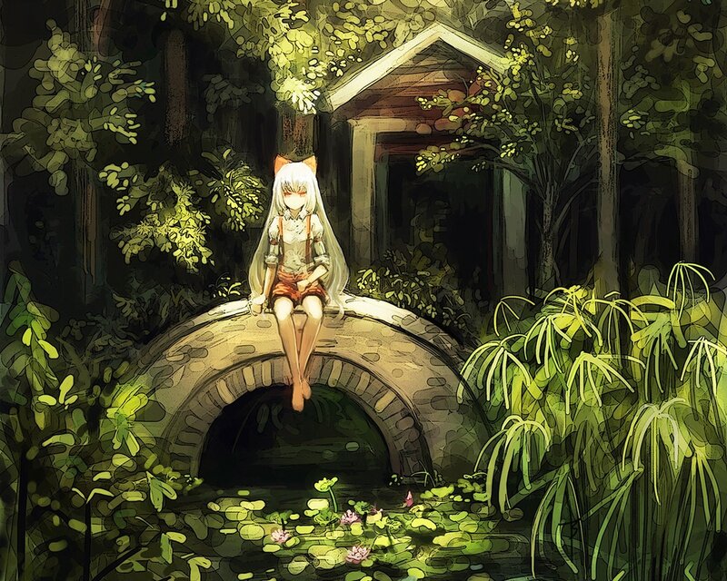 Anime girl on a stone bridge