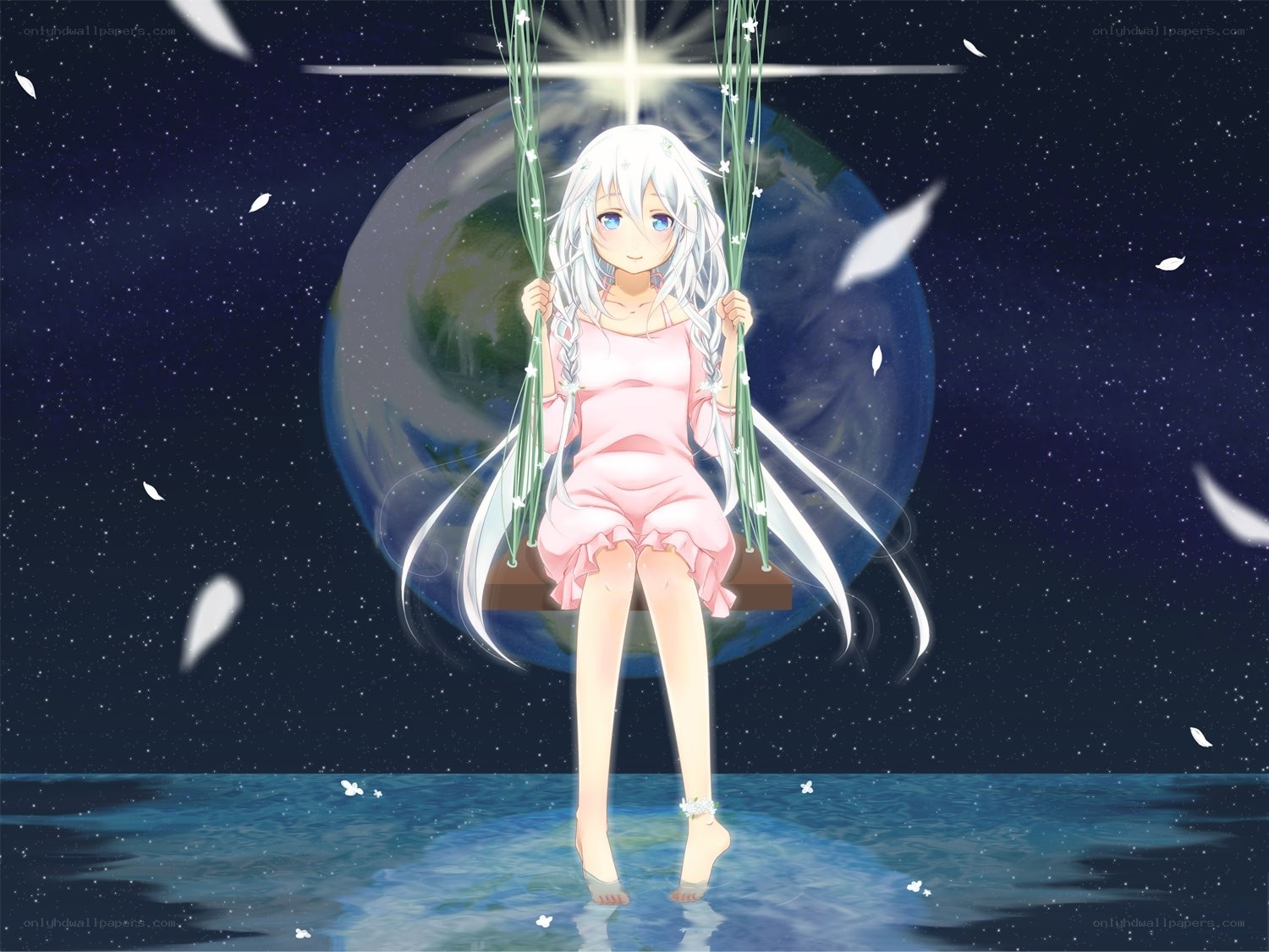 Anime girl on a swing in space