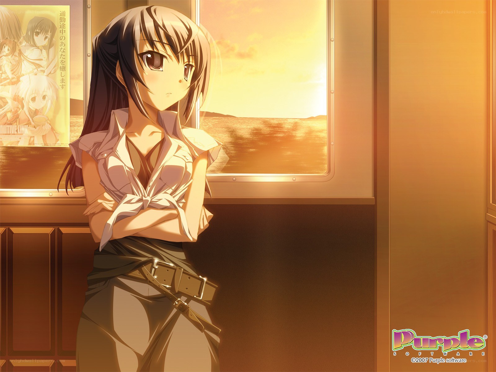 Anime girl on a train at sunset