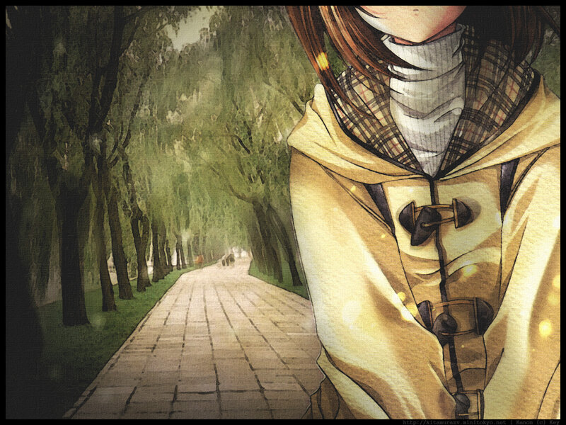 Anime girl on a tree-lined path