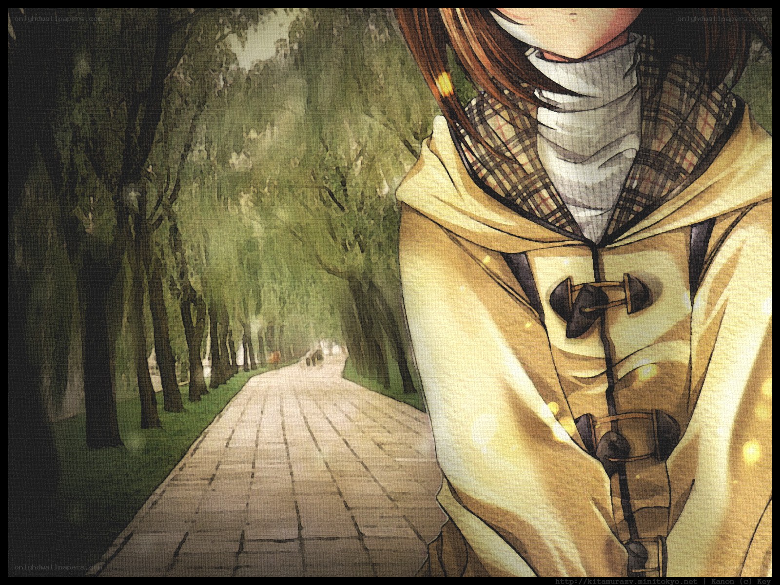Anime girl on a tree-lined path