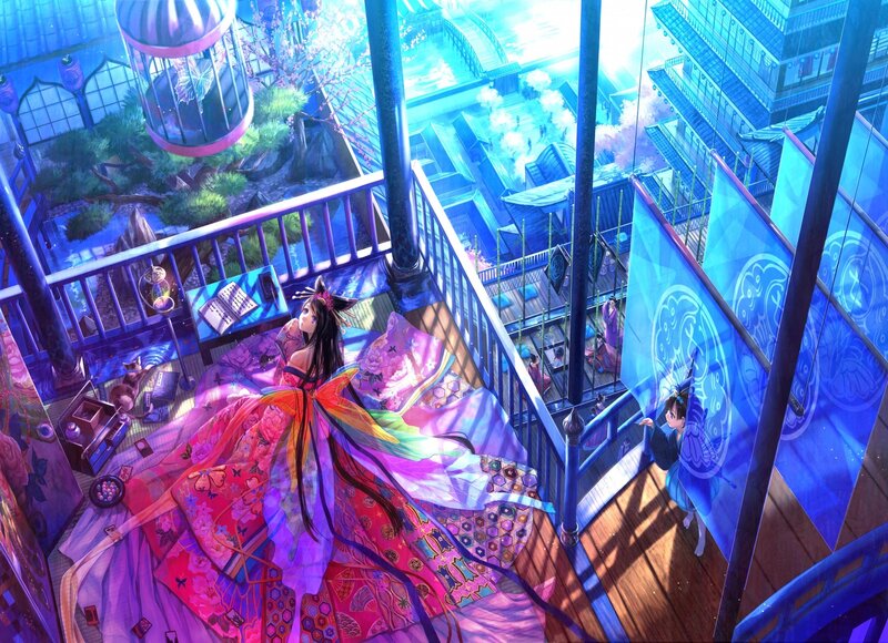 Anime girl on balcony at night