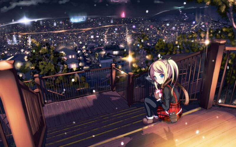 Anime girl on balcony at night
