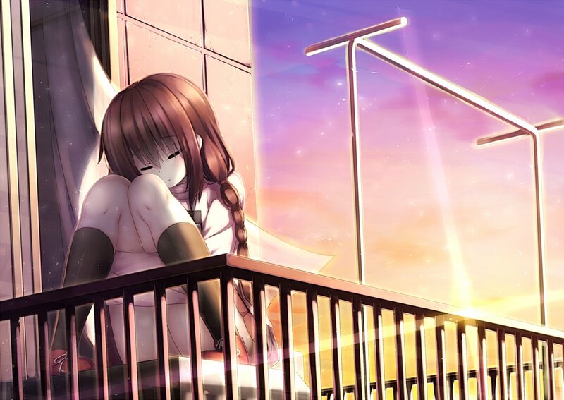 Anime girl on balcony at sunset