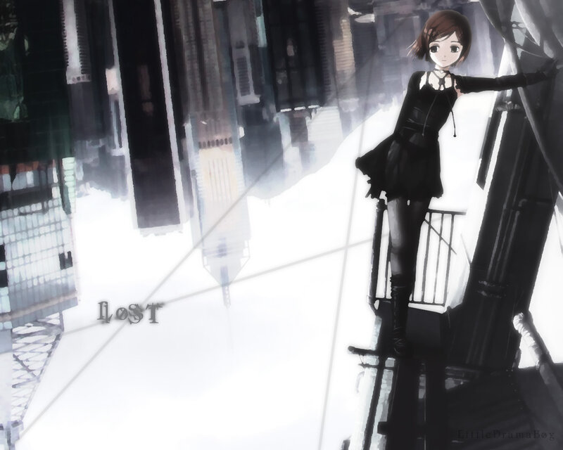 Anime Girl on Balcony — Black, Dramatic, Digital Art