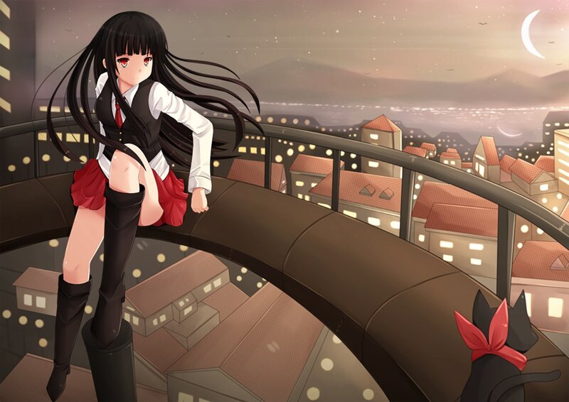 Anime Girl on Balcony — Black, Dramatic, Night