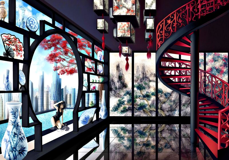 Anime Girl on Balcony — Black, Serene