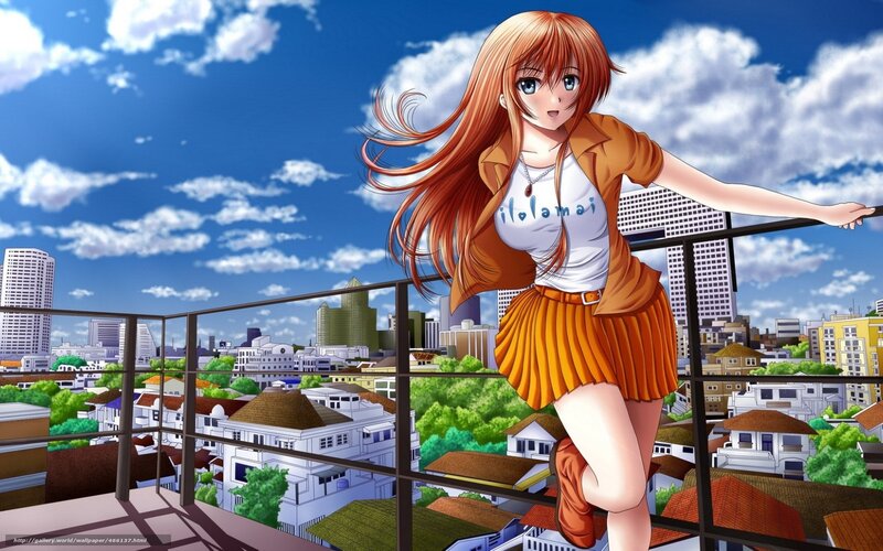 Anime Girl on Balcony — Blue, Bright, Cheerful