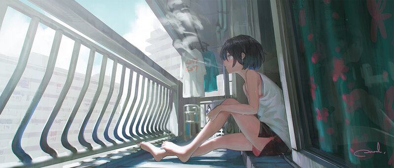 Anime Girl on Balcony — Blue, Calm, Afternoon, Digital Art