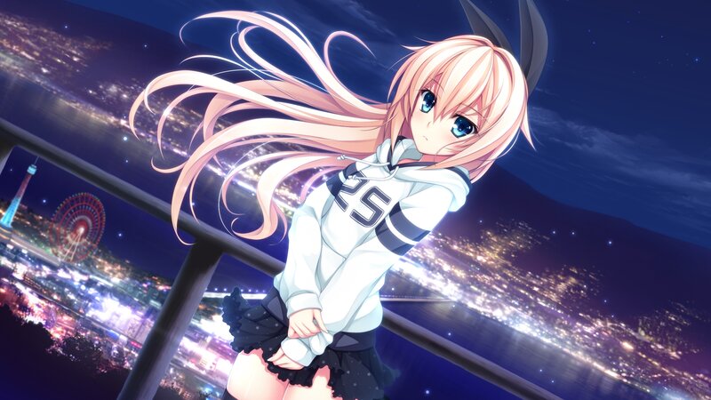 Anime Girl on Balcony — Blue, Calm, Night, City Lights