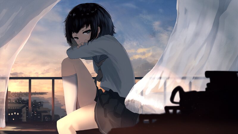 Anime Girl on Balcony — Blue, Calm, Sunset, Digital Art