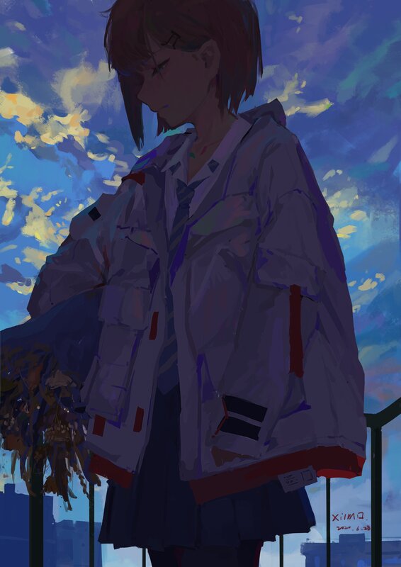Anime Girl on Balcony — Blue, Dramatic, Sunset