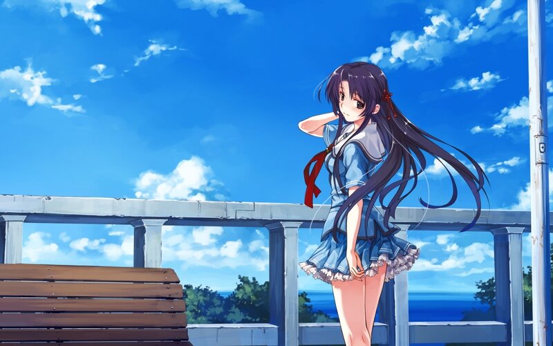 Anime Girl on Balcony — Blue, Serene, Afternoon, Bench, Ocean, Sky