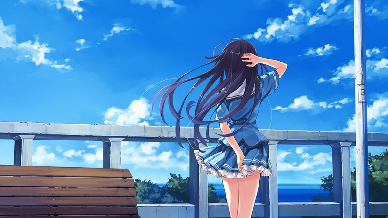 Anime Girl on Balcony — Blue, Serene, Afternoon, Bench, Sky, Sea
