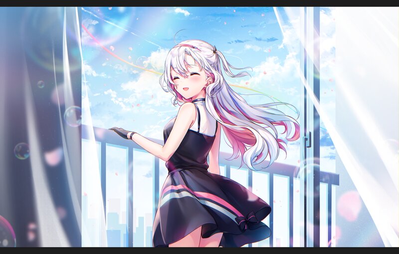 Anime Girl on Balcony — Blue, Serene, Afternoon, Digital Art, Bubbles