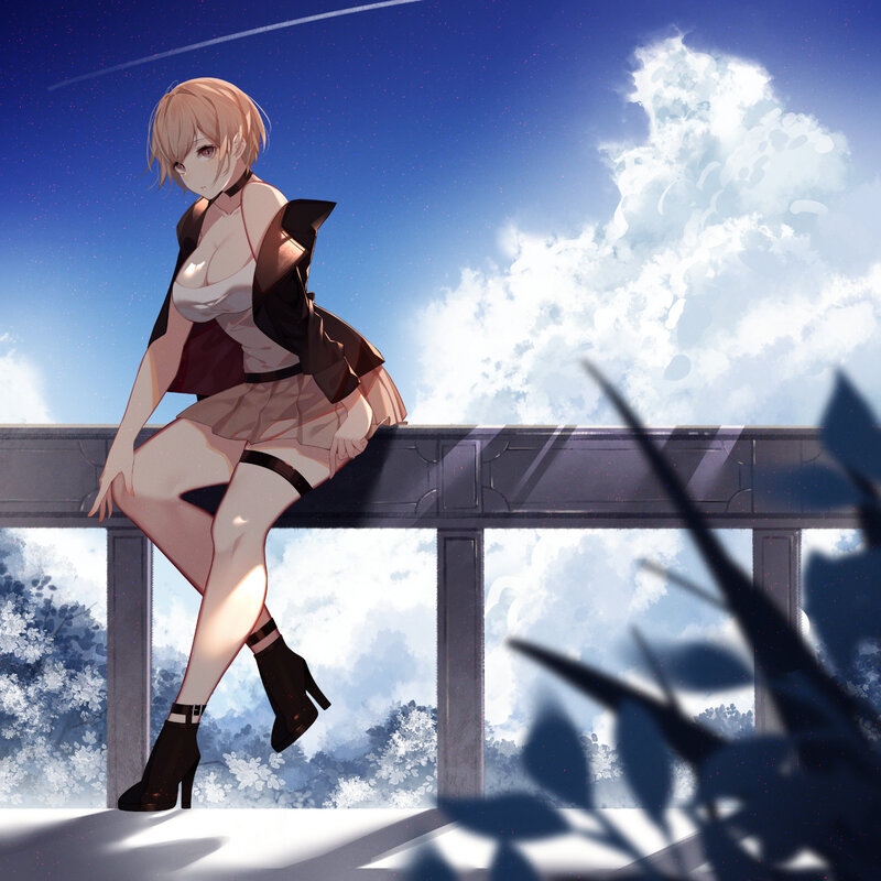 Anime Girl on Balcony — Blue, Serene, Afternoon, Digital Art, Clouds