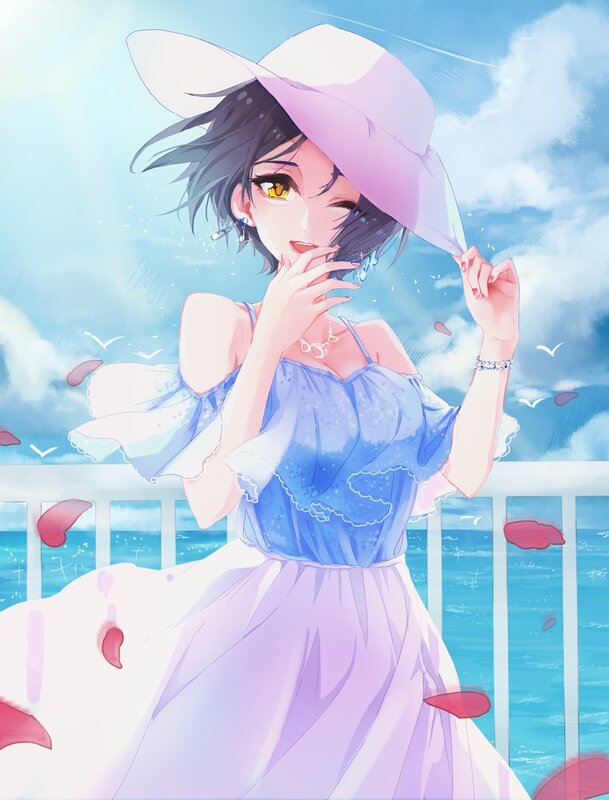 Anime Girl on Balcony — Blue, Serene, Afternoon, Digital Art, Hat