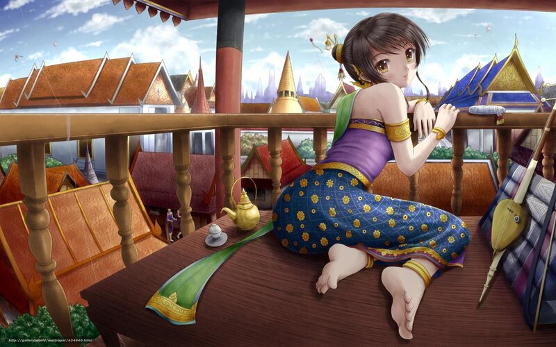 Anime Girl on Balcony — Blue, Serene, Afternoon, Digital Art, Tea Set