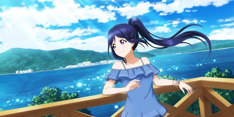 Anime Girl on Balcony — Blue, Serene, Afternoon, Sea