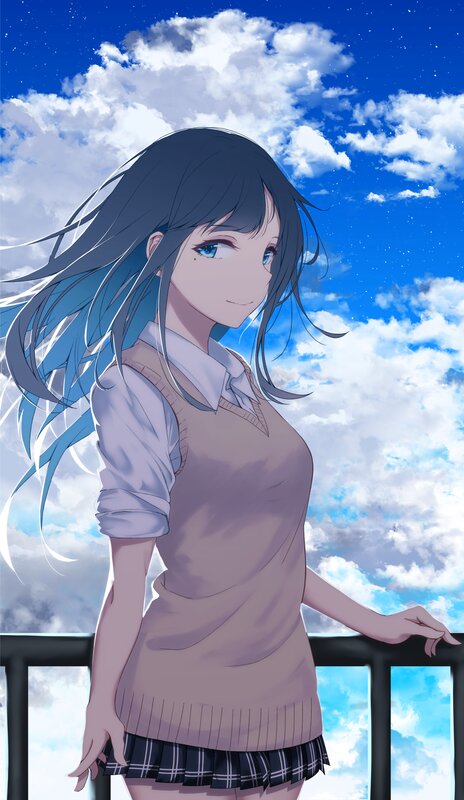 Anime Girl on Balcony — Blue, Serene, Afternoon, Sky