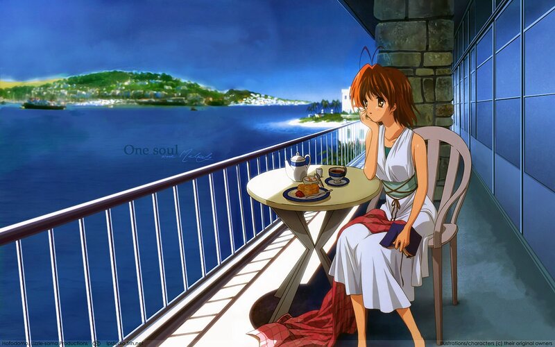 Anime Girl on Balcony — Blue, Serene, Afternoon, Tea Set