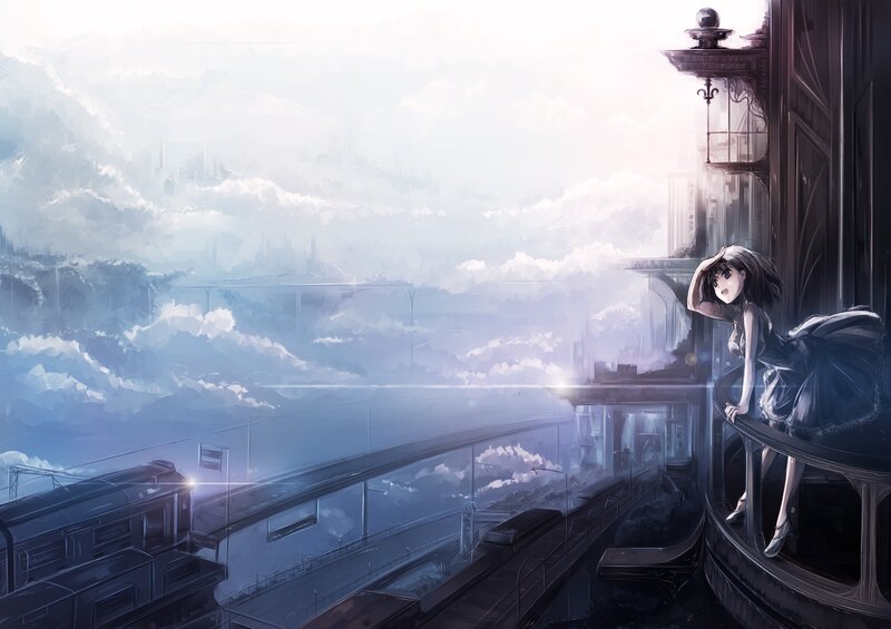 Anime Girl on Balcony — Blue, Serene, Morning, Digital Art