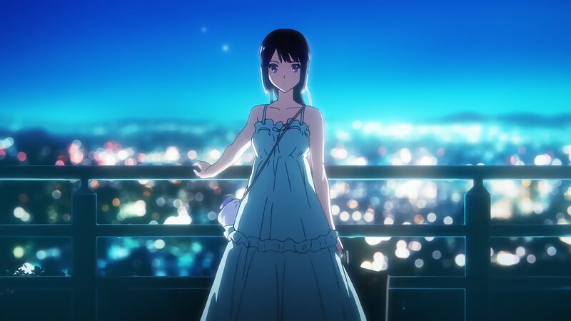 Anime Girl on Balcony — Blue, Serene, Night, City Lights