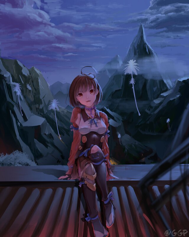 Anime Girl on Balcony — Blue, Serene, Night, Digital Art, Mountains