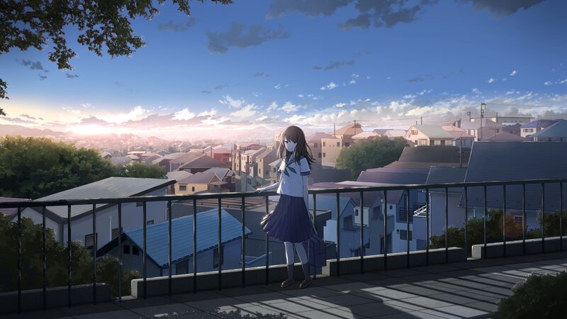 Anime Girl on Balcony — Blue, Serene, Sunset, Cityscape