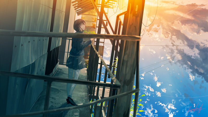 Anime Girl on Balcony — Blue, Serene, Sunset, Digital Art, Sky
