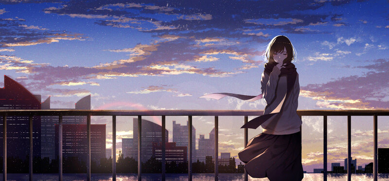 Anime Girl on Balcony — Blue, Serene, Sunset, Digital Art