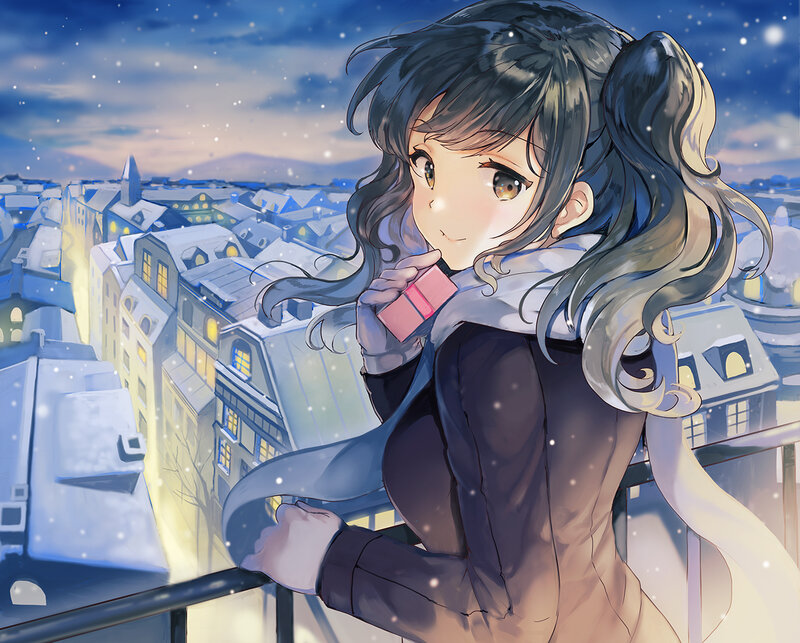 Anime Girl on Balcony — Blue, Serene, Winter, Digital Art