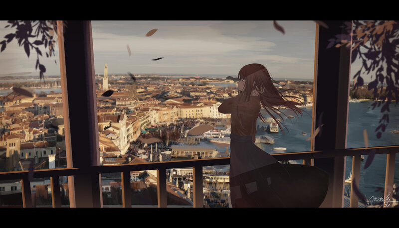 Anime Girl on Balcony — Brown, Calm