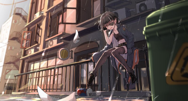 Anime Girl on Balcony — Gray, Dramatic